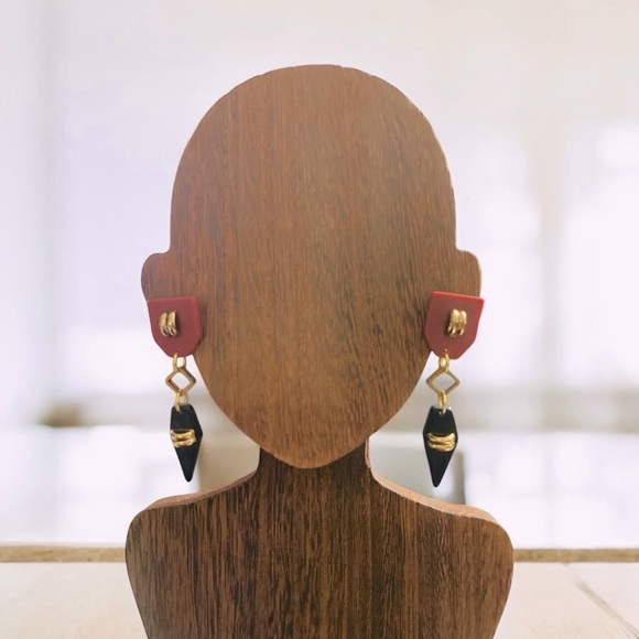 Geometric Shape Brown, Black and Gold dangling Earrings. Dart Shape, lightweight - Picture 2 of 8